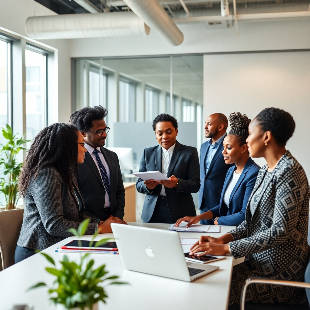 African business professionals in modern office, diverse team collaborating, contemporary African workspace, natural lighting, professional photography