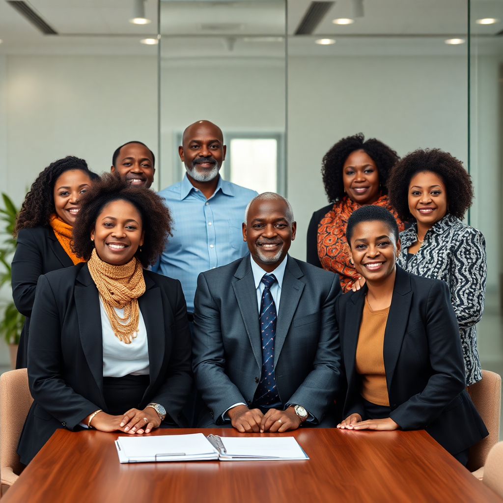 Multi-generational African family business leaders, professional portrait, modern office setting, diverse ages, confident and united, professional photography