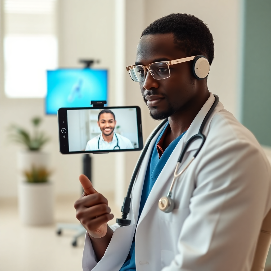 African healthcare telemedicine, doctor video consultation, modern medical technology, professional photography