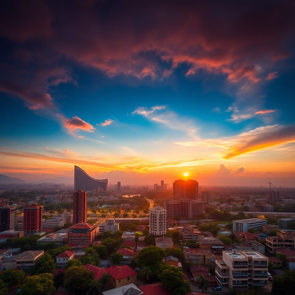 African landscape with modern city skyline at sunset, vibrant colors, aerial view of Lagos or Nairobi, contemporary architecture mixed with traditional elements, cinematic photography
