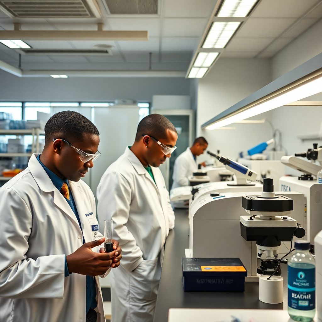 African research laboratory, scientists working, modern equipment, innovation center