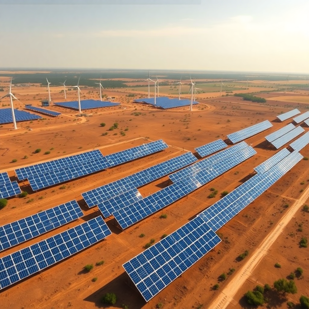 African solar energy farm, renewable energy infrastructure, wind turbines, sustainable power generation, aerial view, professional photography